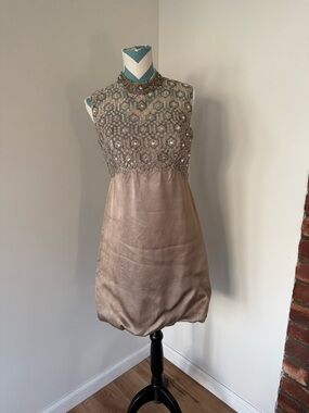 Embellished Taupe High-Neck Sleeveless Dress